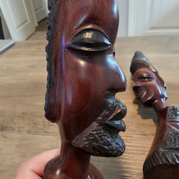 Vintage African Couple Carved Bust Wood Art Statues Handcrafted Tribal 10" - Picture 2 of 16